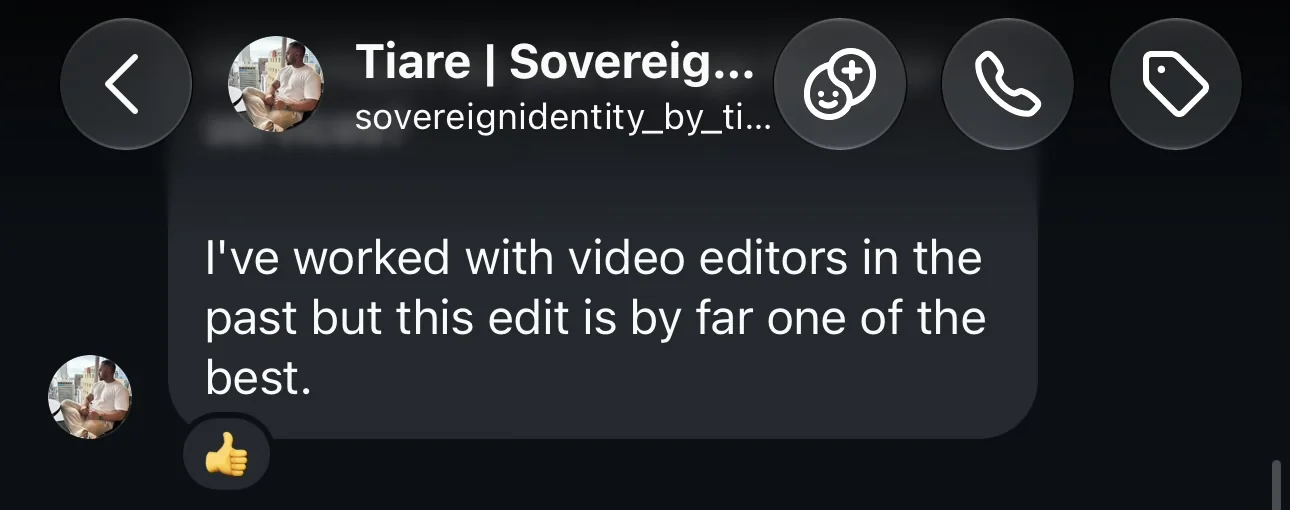 Instagram message from Tiare Tarewa of Sovereign Identity reading: I've worked with video editors in the past but this edit is by far one of the best